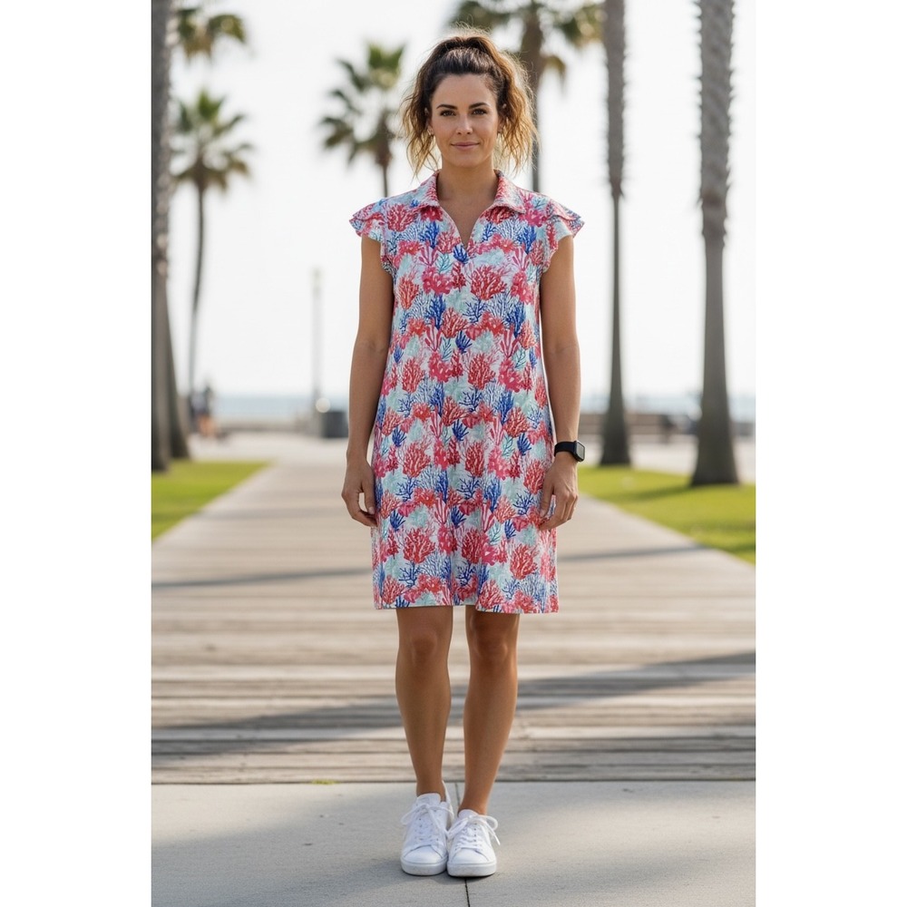 Gottex Shift Dress Small Pink Blue Coral Reef Ruffle Sleeve Polo Coastal Active